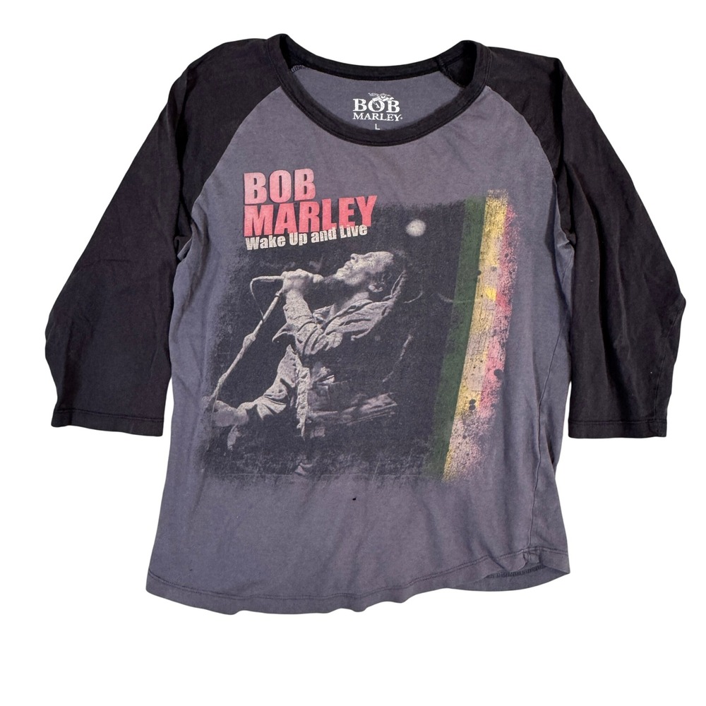 Bob Marley Wake Up and Live Graphic Raglan Baseball Tee Grey Black Large
